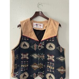 Vtg PRCA Pro Rodeo David James Tapestry Vest Blue Tan Cowboy Horse Bull